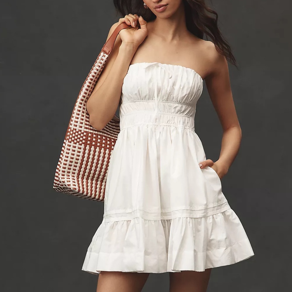Anthropologie The Somerset Strapless White Ruffly Babydoll Mini Dress